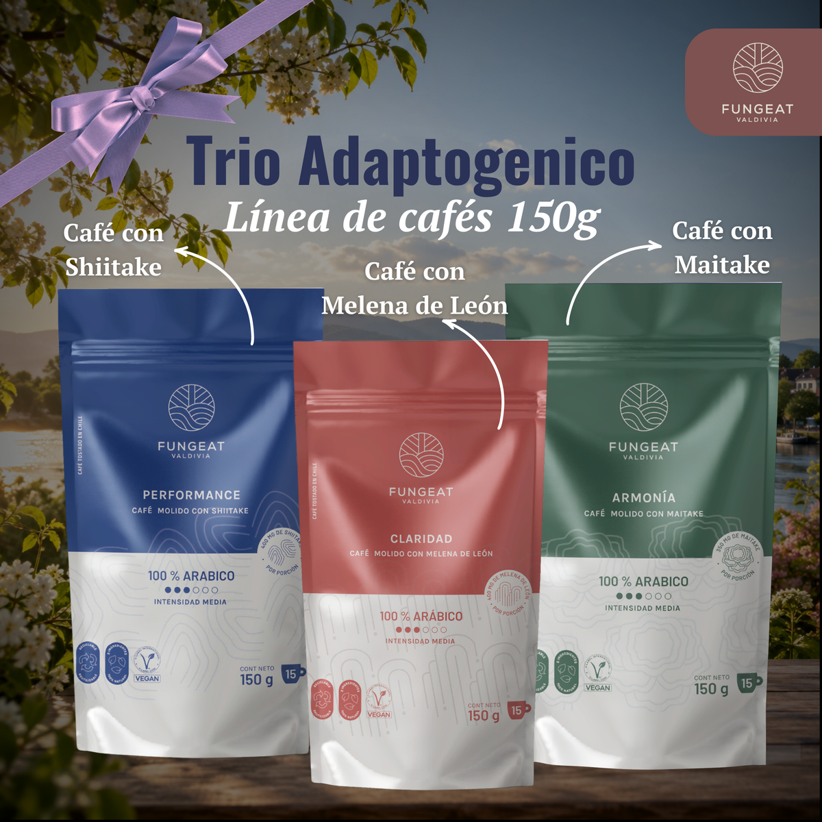 Pack Trío Adaptogénico · Cafés 150 g (Shiitake, Melena de León y Maitake)